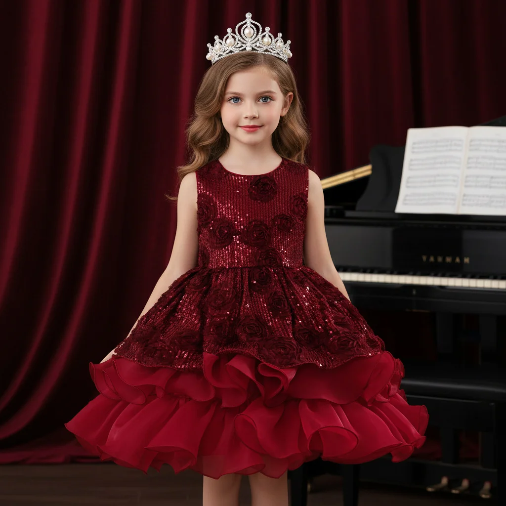 Girls carnival Sequin  Sleeve Princess Dress Girl's wedding dress formal Stage show host catwalk elegant cake short dree Cute Bi