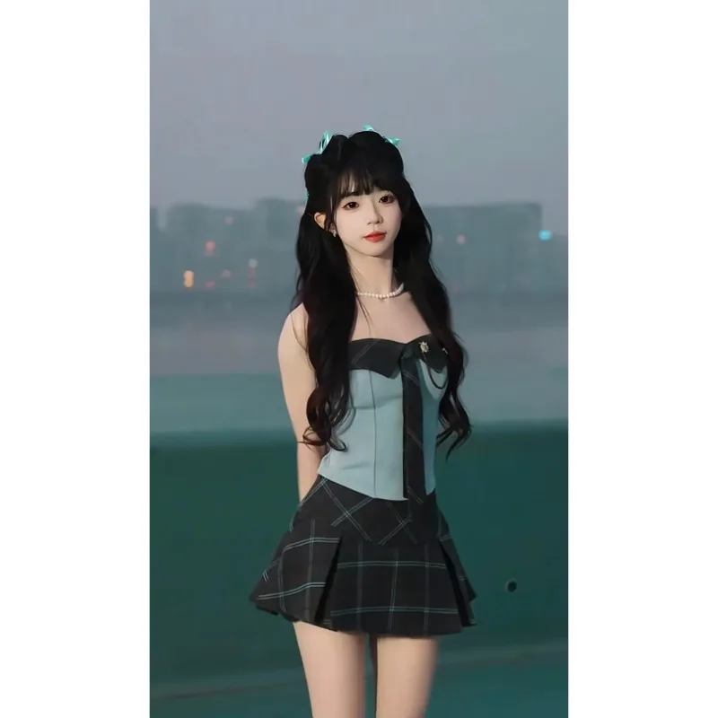 

Y2K Spicy Plaid Patchwork Waisted Slim Strapless Top with Tie Women College A-line Pleated Skirt Summer Trendy Two Pieces Set