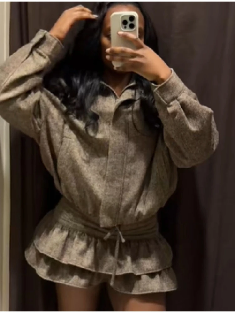 

Женская однотонная короткая юбка в стиле ретро, модное пальто на молнии с длинными рукавами и лацканами, сексуальное мини-платье с рюшами, новый уличный наряд для поездок на работу