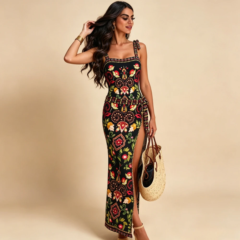 Ethnic Floral Print 2PCS One Piece Swimsuit Spaghetti Strap Side Split Ruched Wrap Midi Dress Boho Beach Bathing Suit Swimwear