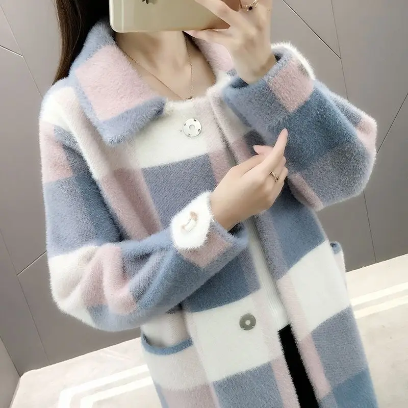 YASUGUOJI Thick Warm Faux Mink Fur Long Coat Women Fashion Covered Button Plaid Winter Faux Fur Jacket with Hooded Ladies Coats