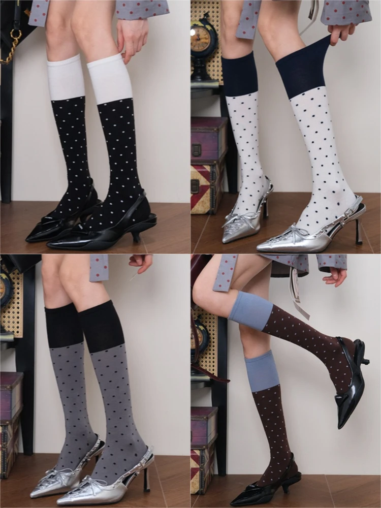 New Fashion Color-block Cotton Knitted Stockings College Style Polka Dots Knee High Socks Women Ballet Versatile Casual Hosiery