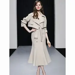 Chic Mermaid Dress Two Piece Sets Women Korean Lapel Short Trench Coat Outfits Female Elegant 2024 Spring Autumn Clothing Suit