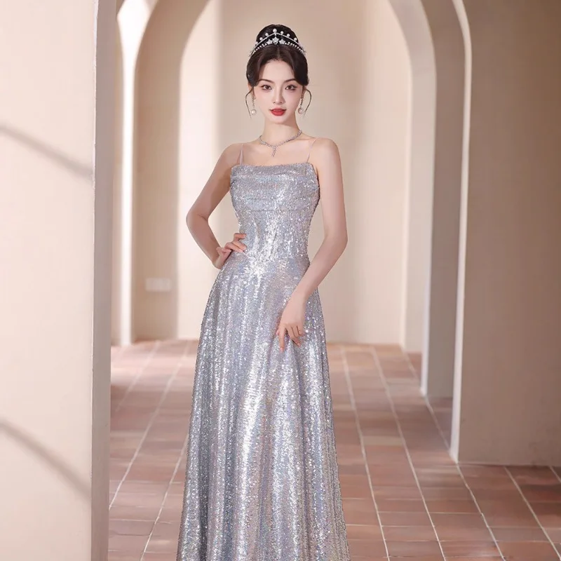 Novo Vestido de Festa Feminino Sexy com Lantejoulas Sem Alças Estilo Banquete 2026 Vestido Longo Elegante e Afinador