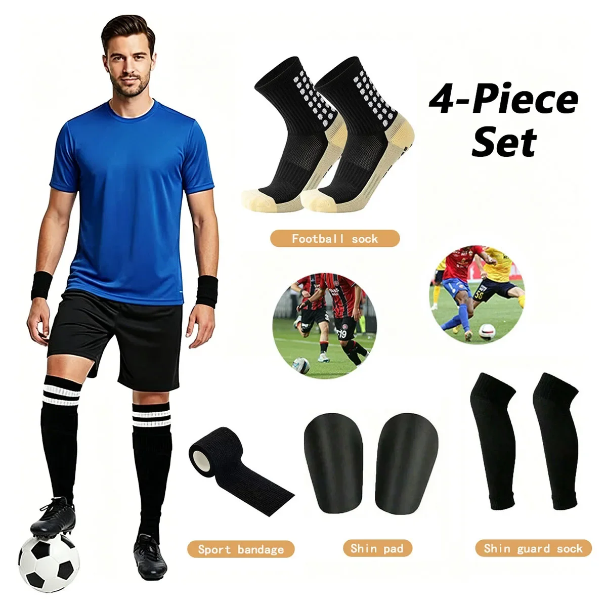 4PCS Set Non-Slip Grip Socks Soccer Socks Breathable Shin Guards Socks Football Mini Shin Pads Cohesive Athletic Bandages