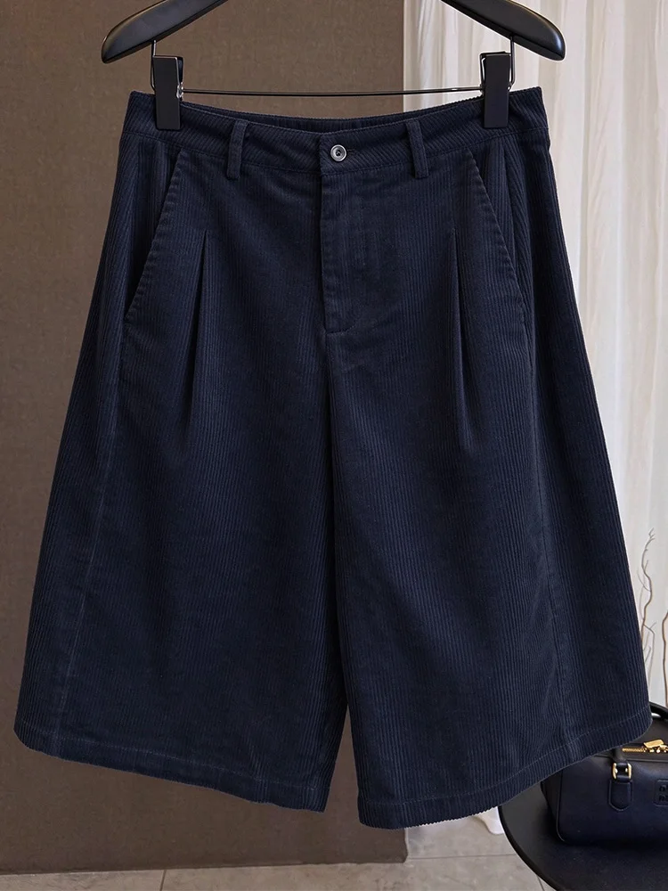 High Waist Wide Leg Straight Cut Pants Women's Casual Corduroy Five-Point Mid-Calf Pants Autumn Winter New Style Elegant