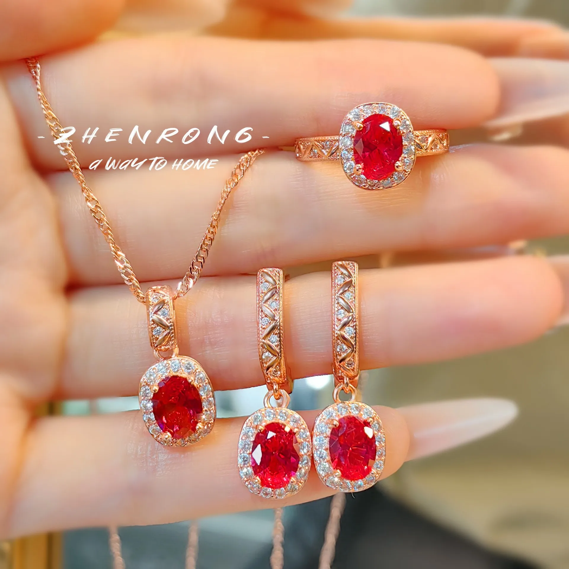 Luxury 18K Rose Gold Plated Oval Ruby Zirconia Fashion Jewelry Sets Sparkling Crystal Female Banquet Ring/Earring/Necklace Chain