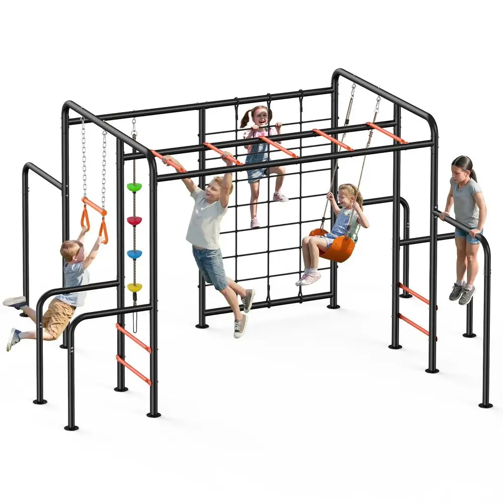 

Outdoor Jungle Gym with Monkey Bars Frame, 5in1 550lbs HeavyDuty Metal Swing Sets for Backyard with Climbing Net amp Rope, Trap