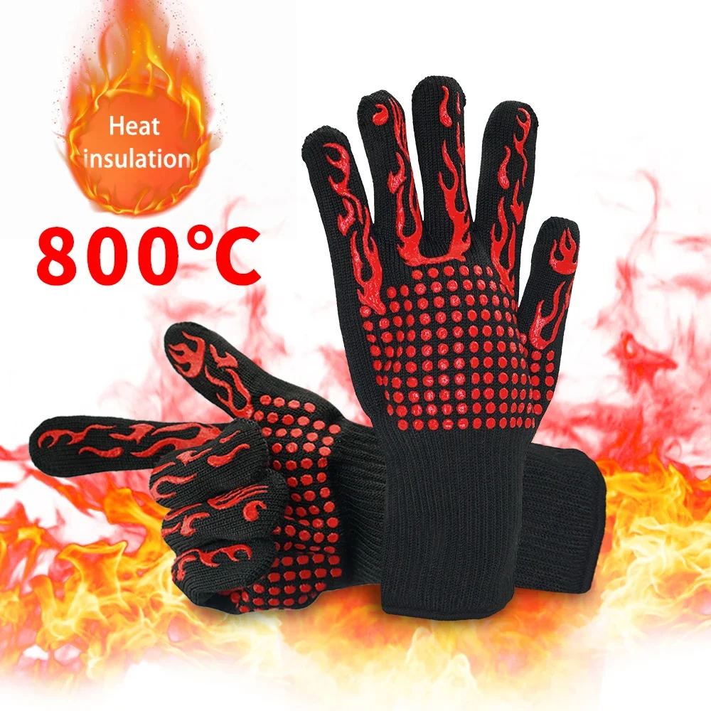 Guantes de barbacoa resistentes a altas temperaturas, aislamiento térmico, guantes de parrilla de chimenea, guante de horno antiquemaduras para Ktichen, hornear parrilla