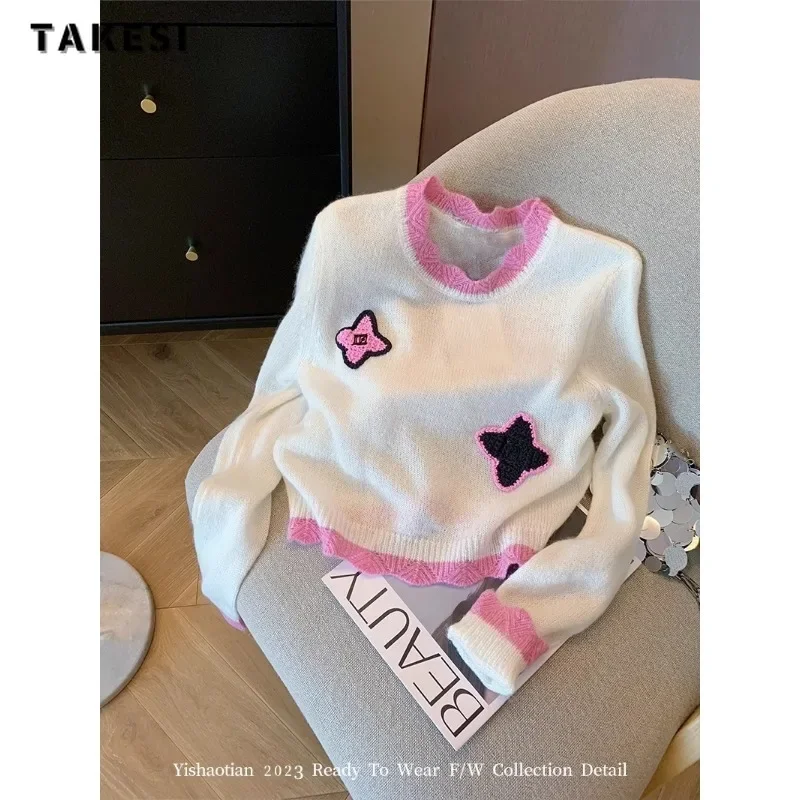 2023 Winter Knitting Long Sleeve Sweet Jumpers Casual Y2K Pullovers Korean Fashion Women Print Round Neck Ladies Sweater