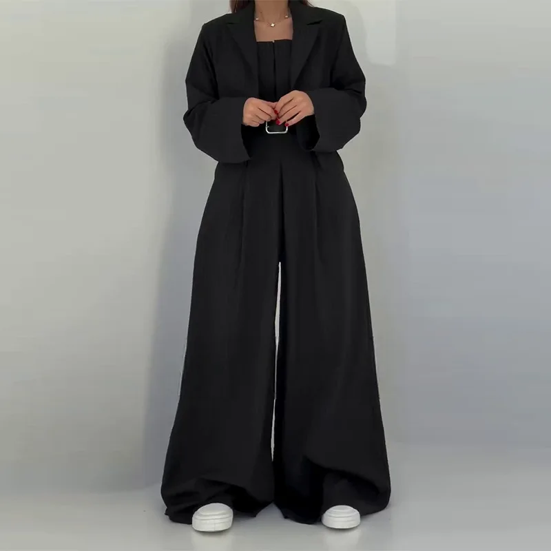 

Two Piece Set Women Blazer Jacket Jumpsuits Ensemble Solid Short Suit Coat Wide Leg Pants Temperament Office Lady Outfits 2026