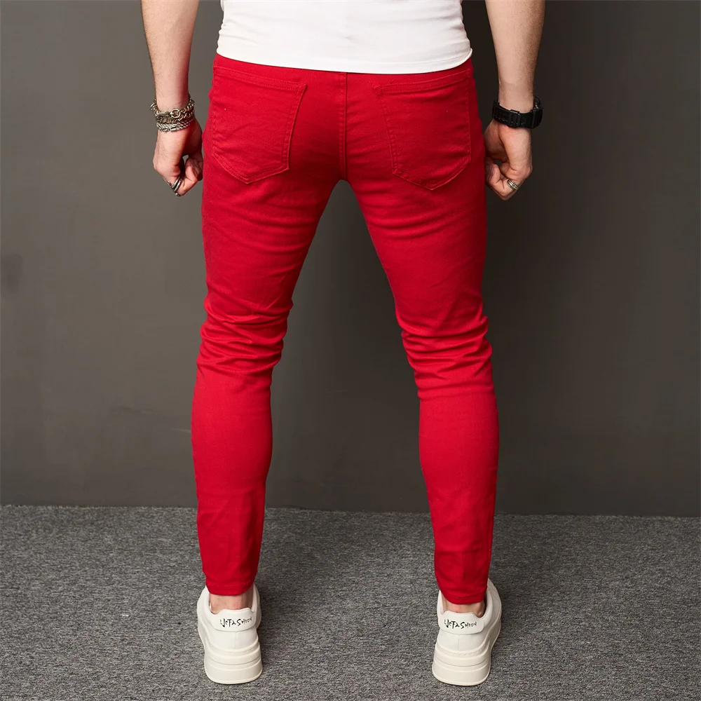 High Street Men HipHop Holes Skinny Stretch Jeans Trousers Stylish Male Distressed Slim Denim Pencil Pants