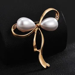Vintage Gold Color Baroque Bowknot Pearl Brooch Pin Pearl Woman Party Retro Corsage Brooches Accessories