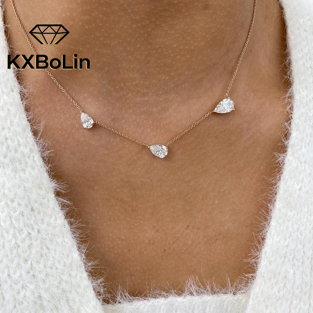 

4-3-2Carat Waterdrop Moissanite Pendant Necklace 925 Sterling Silver East West 3-Stone Pear Cut Diamond Necklaces For Women