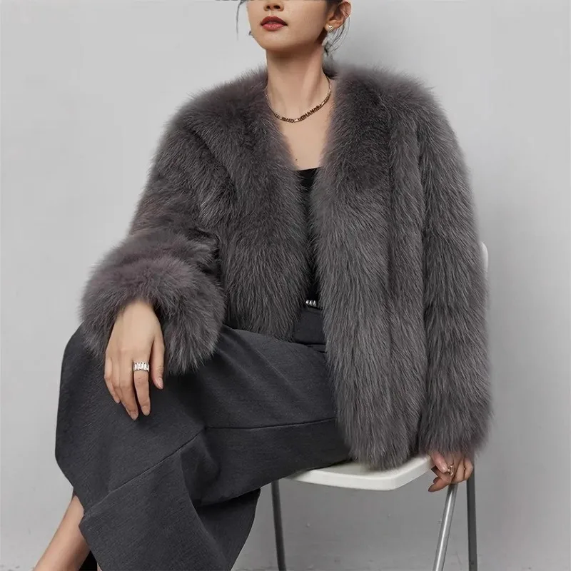 European American Fur V-neck Artificial Coat Short Fashion Fox Hair Fluffy Plush Women's Clothing Environmentally Friendly Fur