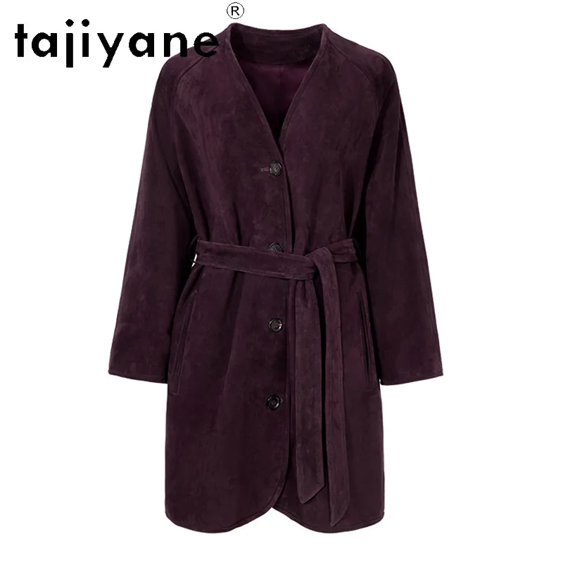 TAJIYANE Genuine Leather Jacket Women Goat Suede Long Leather Coat Belted Bathrobe Style Jackets Oversized Outerwear New Jaqueta