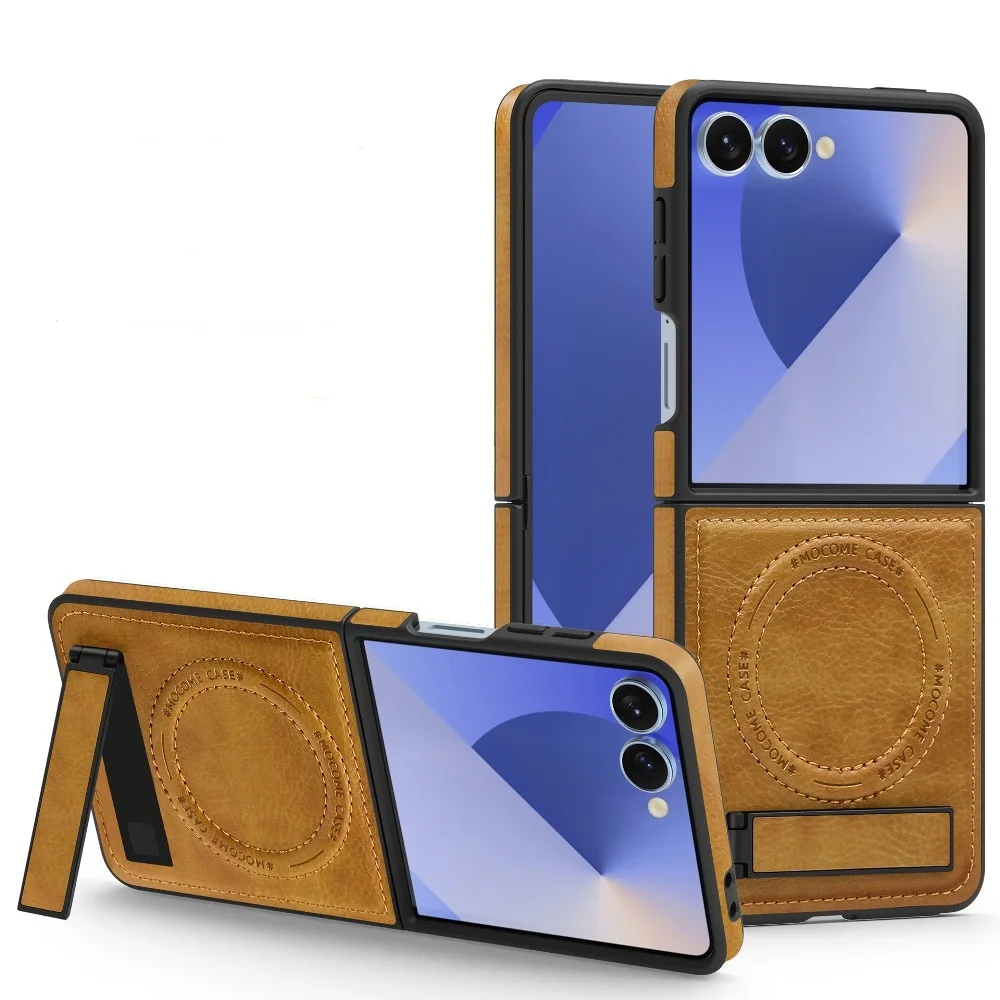 

Classic Solid Color Leather Folding Cover for Samsung Galaxy Z Flip7 6 5 with Back Supports Wireless Charging and Folding Stand
