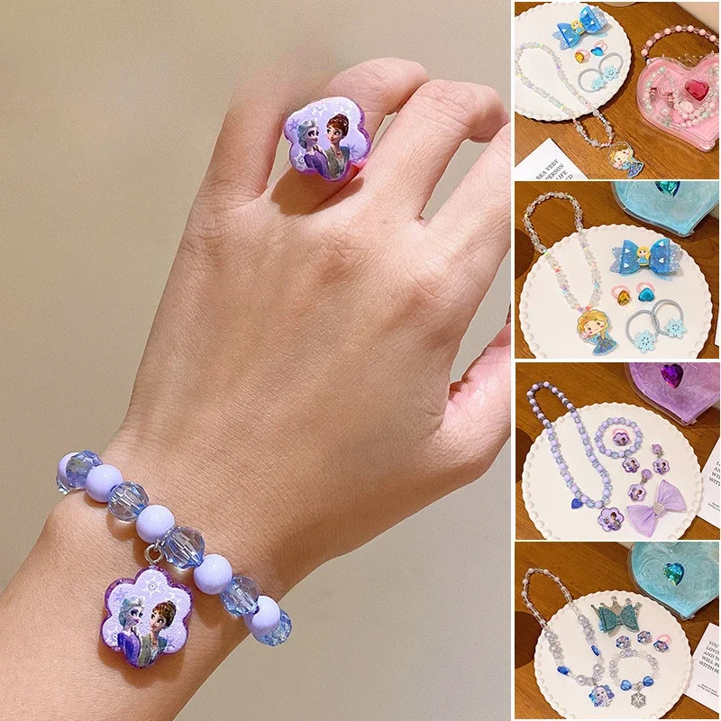 Disney Anime Frozen Princess Elsa Cute Children's Jewelry Set Bracelet Beads Cute Ear Clip Necklace Gift Box Kawaii Girls Gift