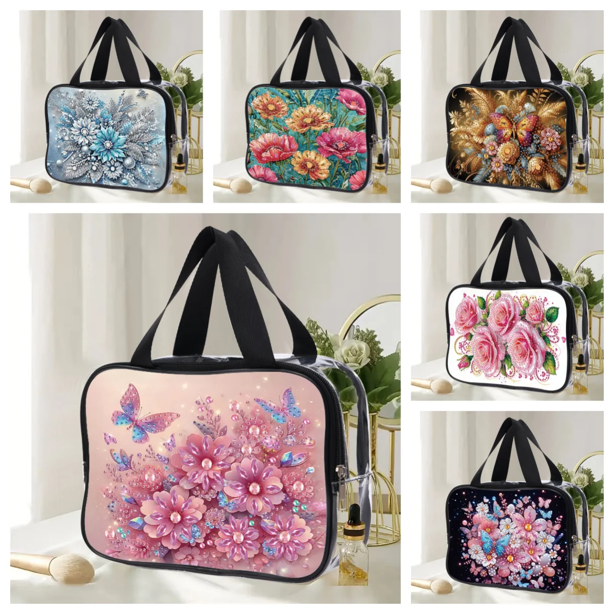 

1 DIY floral style diamond painting makeup bag set, PVC transparent toiletries bag, ladies' daily life storage makeup bag