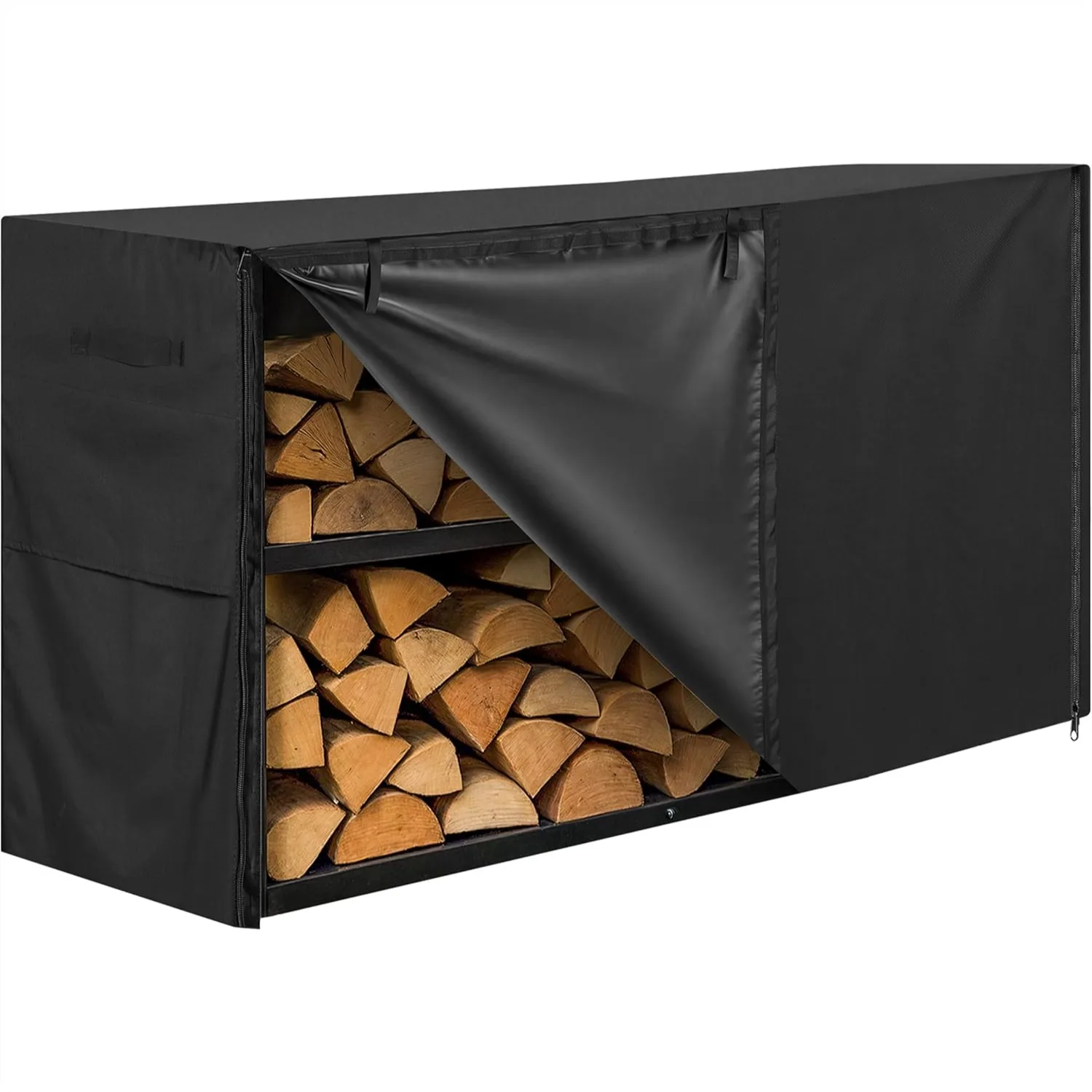 

5ft Waterproof Firewood Rack Cover, Heavy Duty 600D Oxford Fabric, Indoor Outdoor Log Cover with Zipper & Adhesive Strips, Black