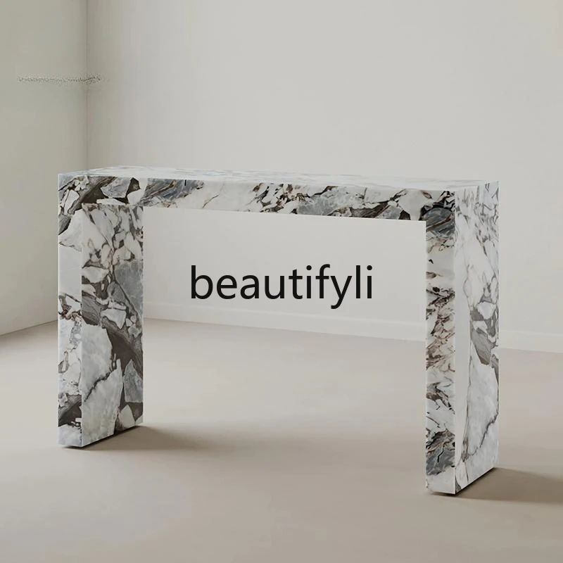 

Italian minimalist natural marble entrance table designer living room light luxury travertine entrance table