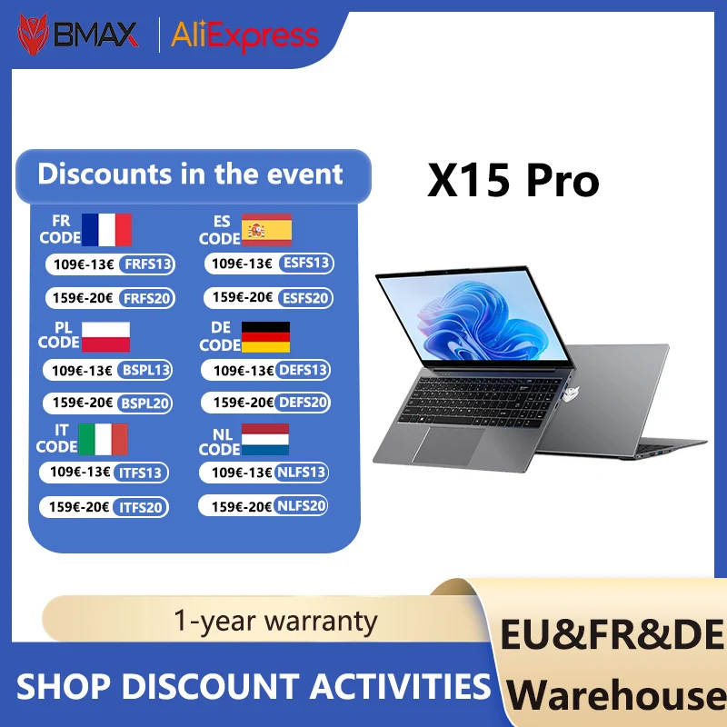 BMAX Windows 11MaxBook X15 Pro Laptop biznesowy 16 GB LPDDR4 512 GB SSD Intel 12. generacji N95 Procesor Ekran 15,6 cala
