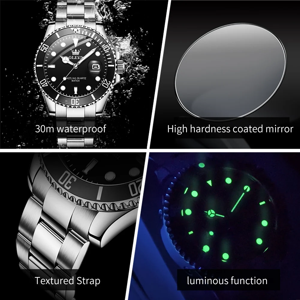 Olevs relógio masculino de aço inoxidável marca superior verde água fantasma quartzo relógio de pulso à prova dwaterproof água calendário luminoso luxo reloj