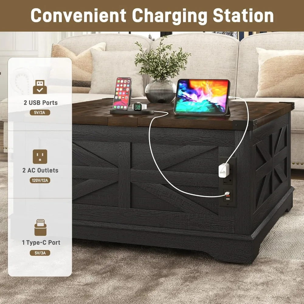 36 طاولة قهوة قابلة للرفع مع مساحة تخزين ومآخذ طاقة، وطاولات غرفة معيشة خشبية مربعة بعجلات #4