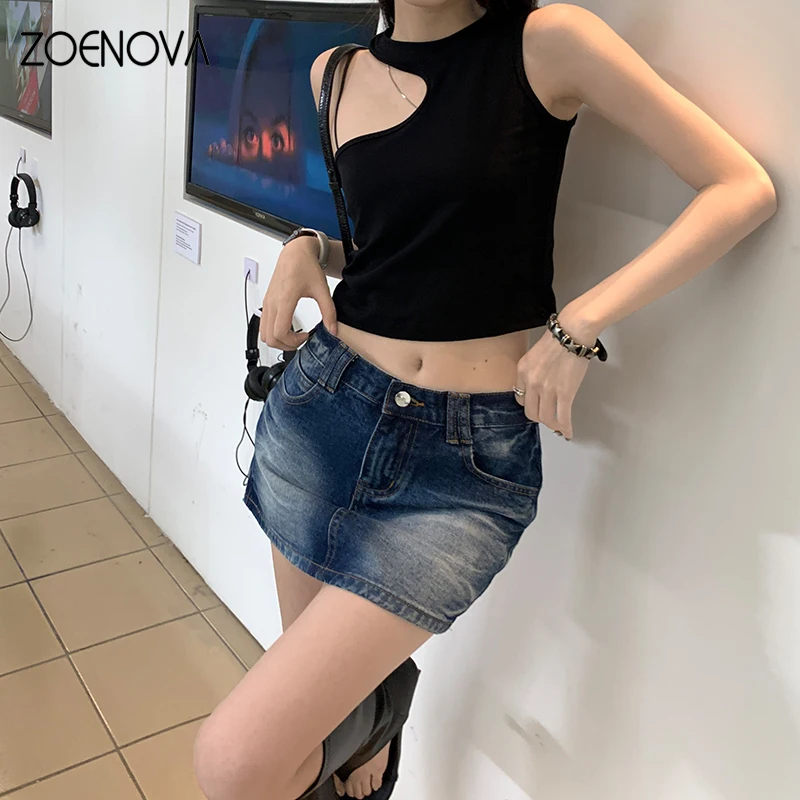 ZOENOVA Summer New Fashion Women's Denim Short Skirt Maillard Street Sexy Versatile Classic Low Waist Loose Casual Jeans Skirt