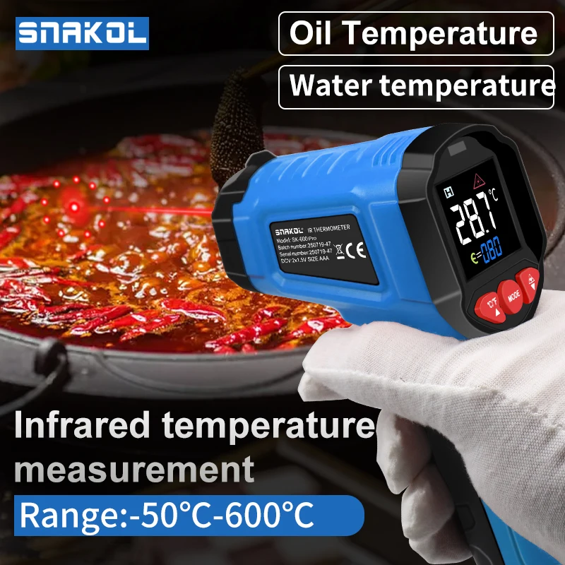 Termometer Inframerah SNAKOL T600 Non-kontak -50~600 ℃   Pengukur Suhu Laser Digital Layar LCD Pyrometer Point Gun Tester