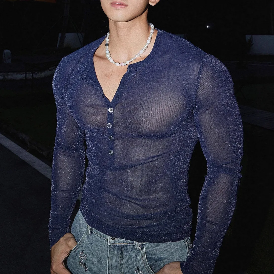 Sexy Shiny Diamond Men's Semi-Sheer Top Street Fashion Nightclub Style Button Round Neck See Through