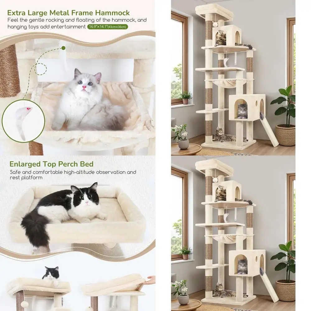 

Прочная 70-дюймовая лежанка-когтеточка для кошек с гамаком и домиком для крупных кошек и котят, бежевая