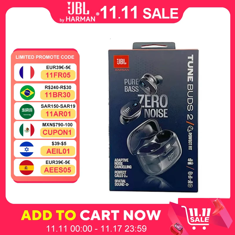 JBL Tune Buds 2 True Wireless ANC Earbuds Bluetooth 5.3 Multi-Point Connection IP54 Personi-Fi 3.0 EQ Setting 48hrs Playtime