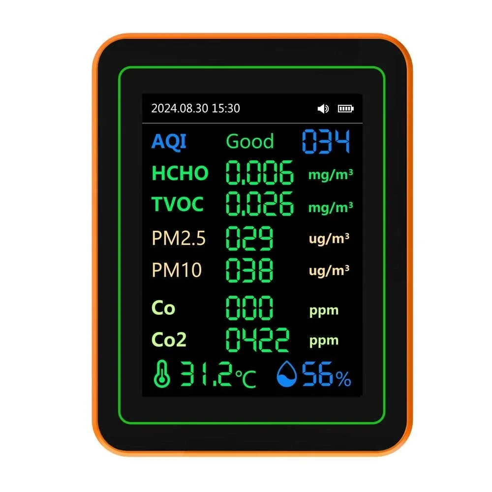 ZN-MT22 12-в-1 Монитор качества воздуха AQI CO2 CO Формальдегид TVOC PM2.5 PM10 Температура Влажность TFT-экран Аккумулятор 1200 мАч