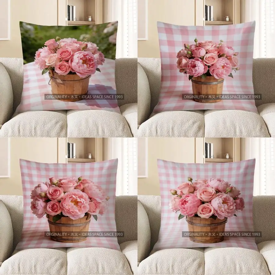 

2D розовые розы в корзине на клетчатой подушке с рисунком наволочка подходит для дивана, спальни, автомобиля, наволочка