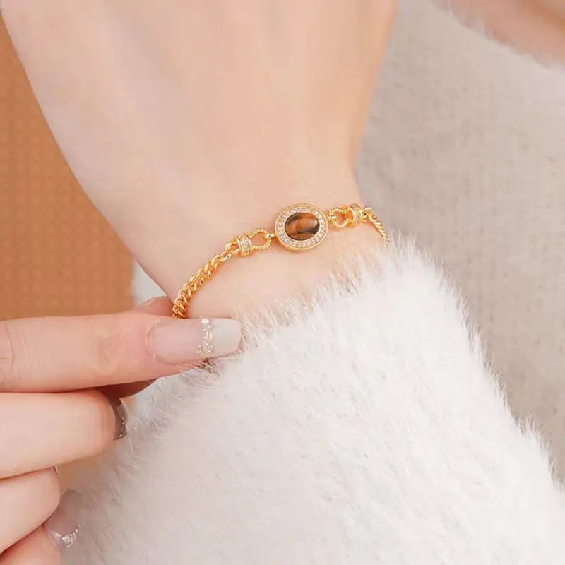 

Fashion 18 K Gold Color Tiger's Eye Pendant Bracelet Bangle for Women Wedding Birthday Adjustable Bracelet Chain Jewelry Gifts