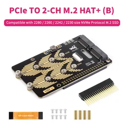 Raspberry Pi 5 PCIe to 2CH M.2 HAT (B) Compatible 2280/2260/2242/2230 NVMe M.2 SSD HAT with 16P Cable 5GbpsData Rate for RPi 5