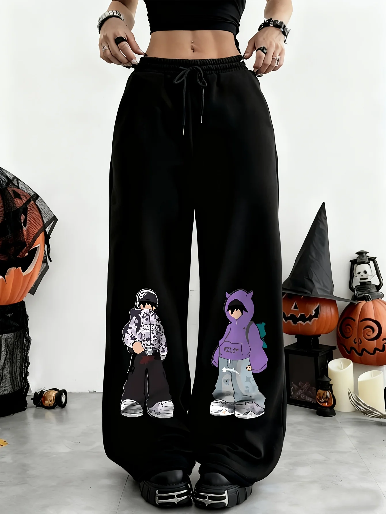 

Black Wide-leg Belt with Figure Print - Straight-leg Breathable Straight-leg Design Casual Wear for Spring and Autumn