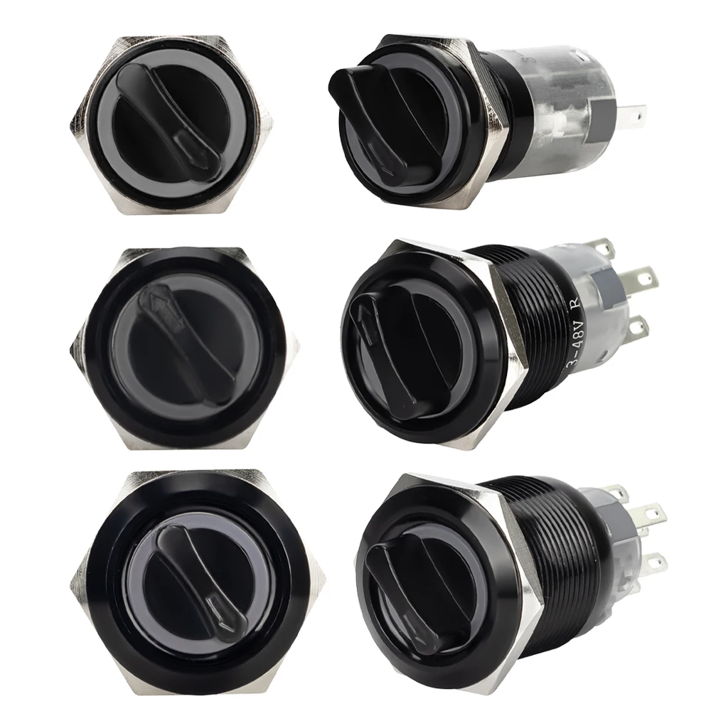 16MM 19MM 22MM Self-return Self-locking Waterproof DPDT Illuminated Metal Selector Knob Rotary Switch 2 3 Position LED Lamp Red