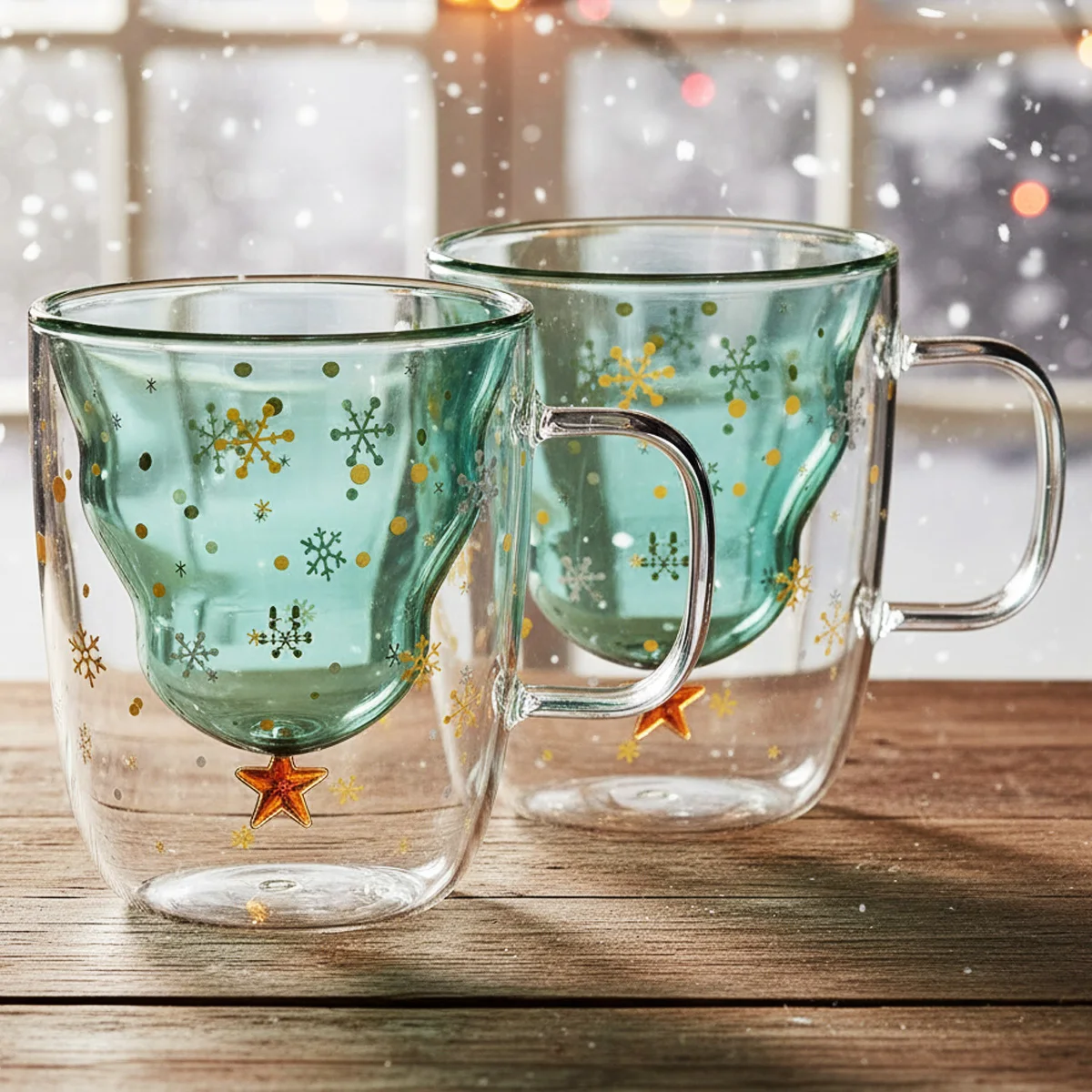 Tazas de café navideñas E5, tazas de agua navideñas, vajilla de vidrio de doble pared de 10oz con tapa y asa, cristalería de copo de nieve de árbol de 300ML