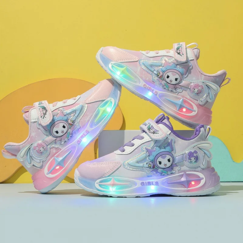 

Disney Sanrio LED Casual Sneakers For Girls Frozen Kuromi Princess Print Outdoor Shoes Children Lighted Non-slip Shoe