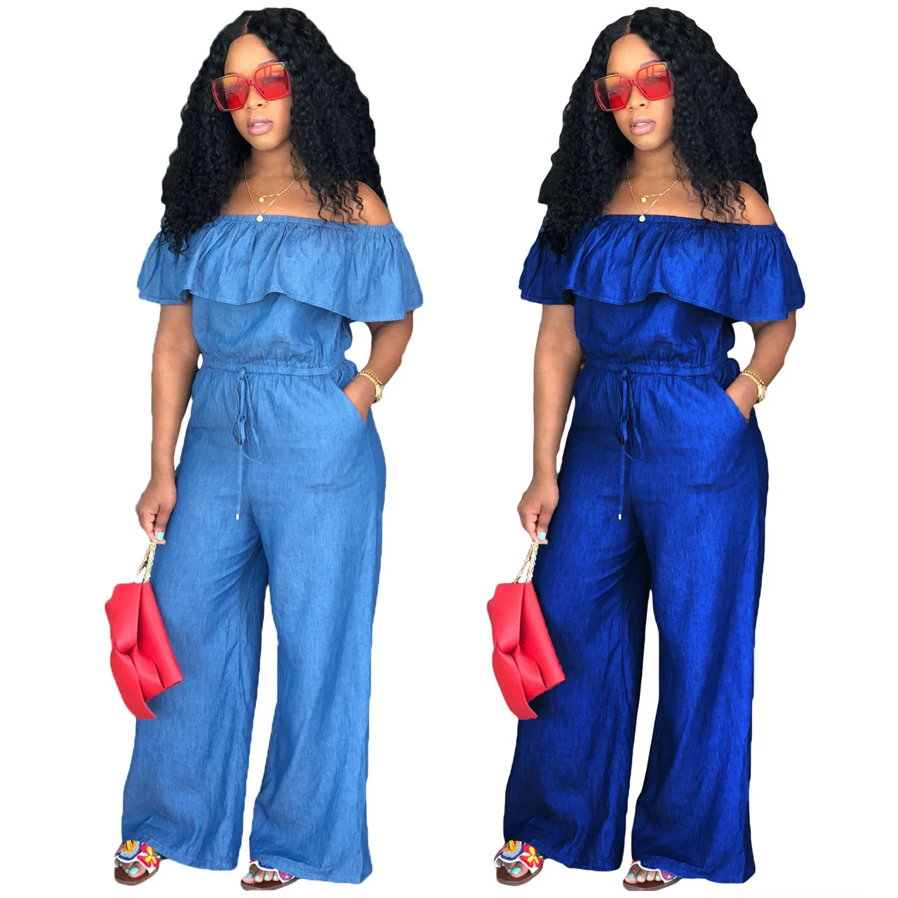 Solide schulter freie Jeans Overall Frauen einteiliges Outfit Sommer mode lose Kordel zug Hosen sexy weibliche Luxus Overalls