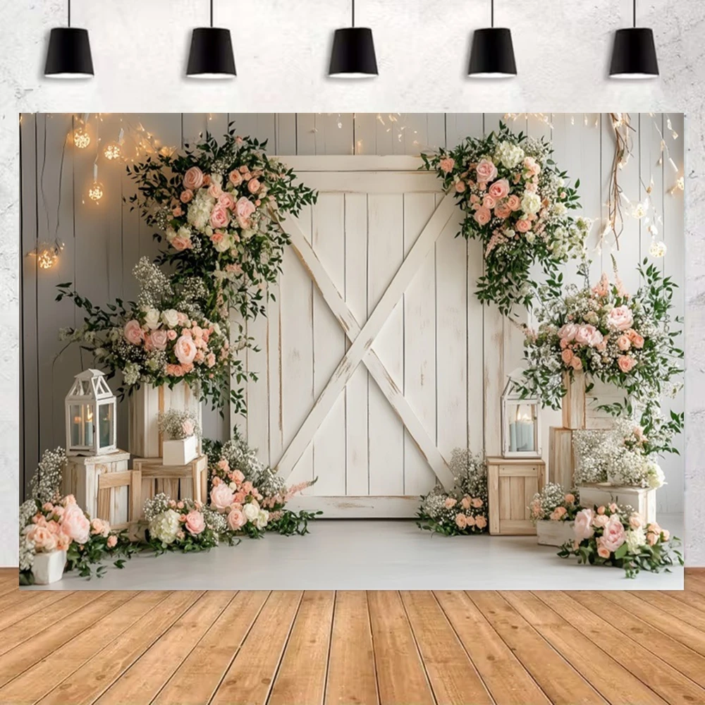 White Wooden Door Barn Photography Backdrop Western Theme Haystack Wreath Kids Family Portrait Background Photo Studio Props