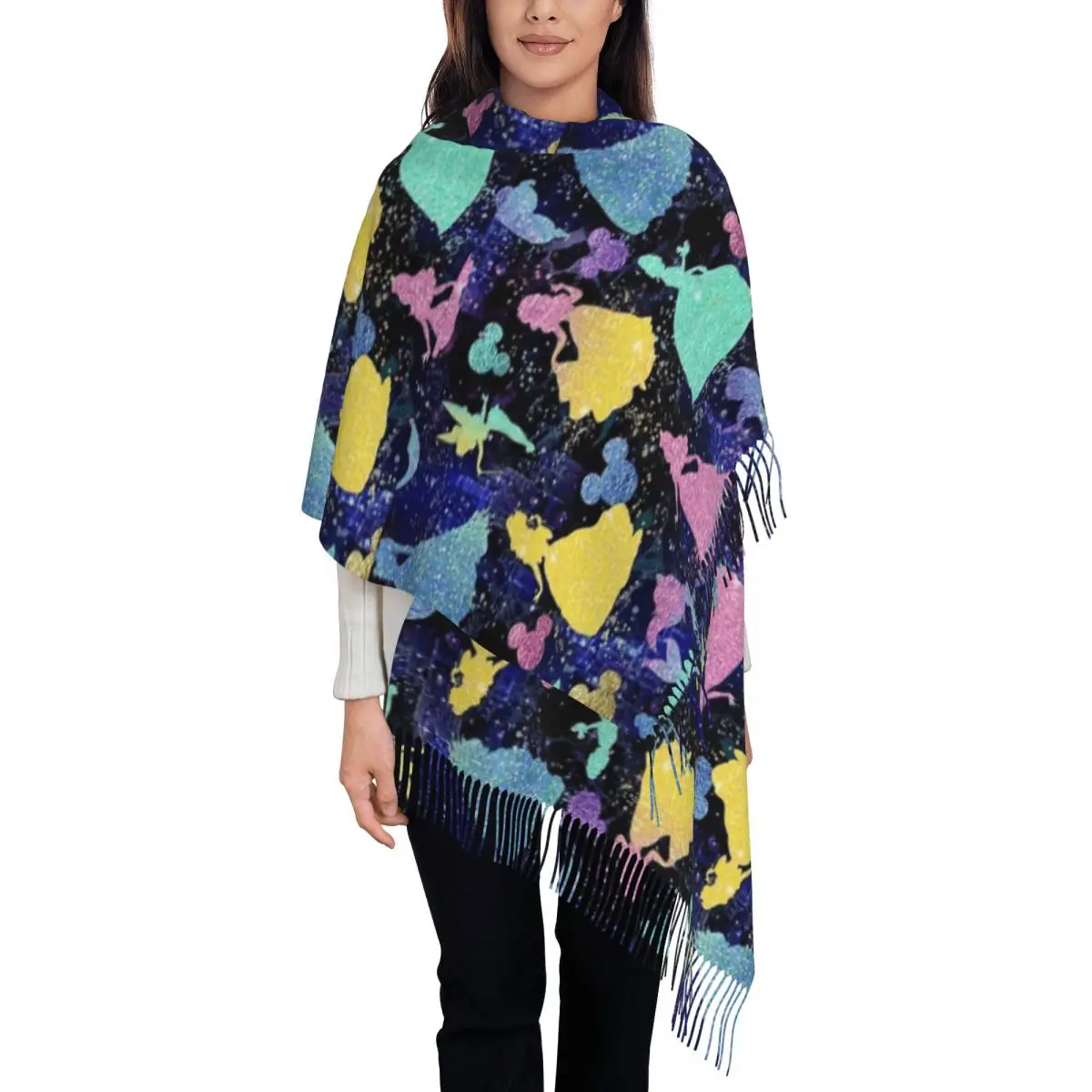 

Женская шаль с блестящими силуэтами принцессы, теплый большой мягкий шарф, шарфы с кисточками из пашмины и Микки Тинкер Белл