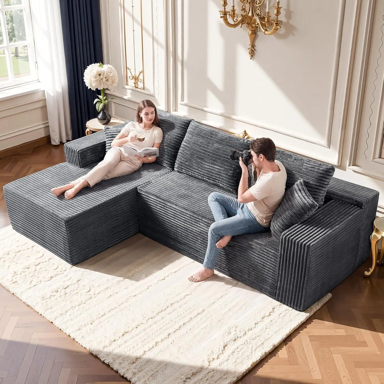 

Grey Modular Sectional Sofa 108in L-Chaise Deep Corduroy Plush Living Room Right-Facing No-Assembly, Customized