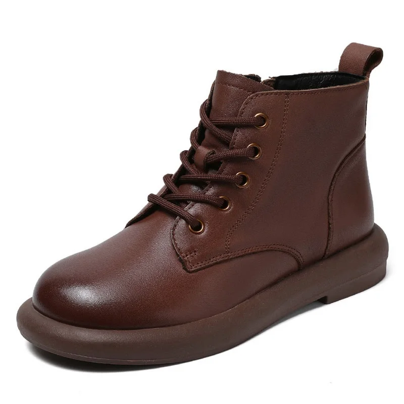 DRKANOL Autumn Winter Warm Flat Heel Ankle Boots For Women Handmade Retro Round Toe Genuine Leather Comfort Casual Short Boots - view 2