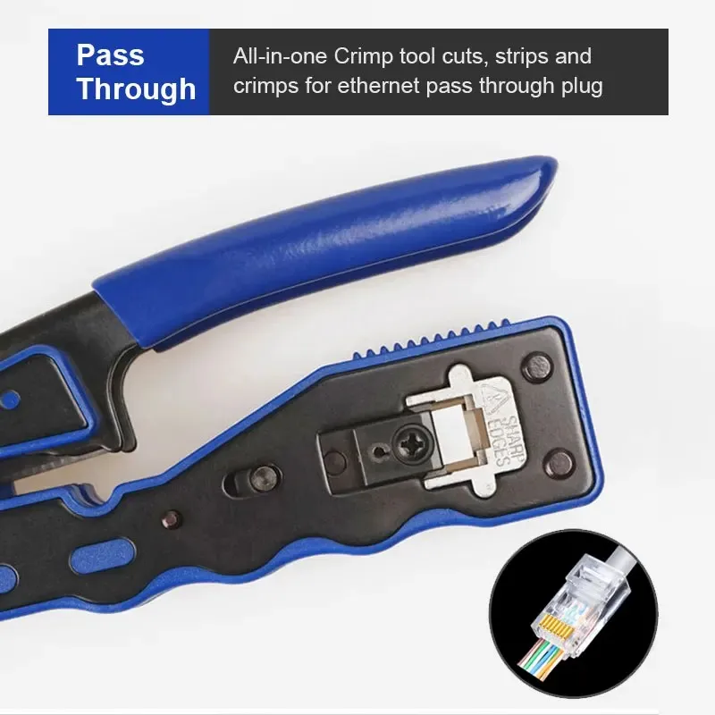 WoeoW Ethernet Crimper, Ferramenta de Crimpagem de Rede EZ, Wire Stripper Cutter para Cat6a Cat5, RJ45 Pass Through