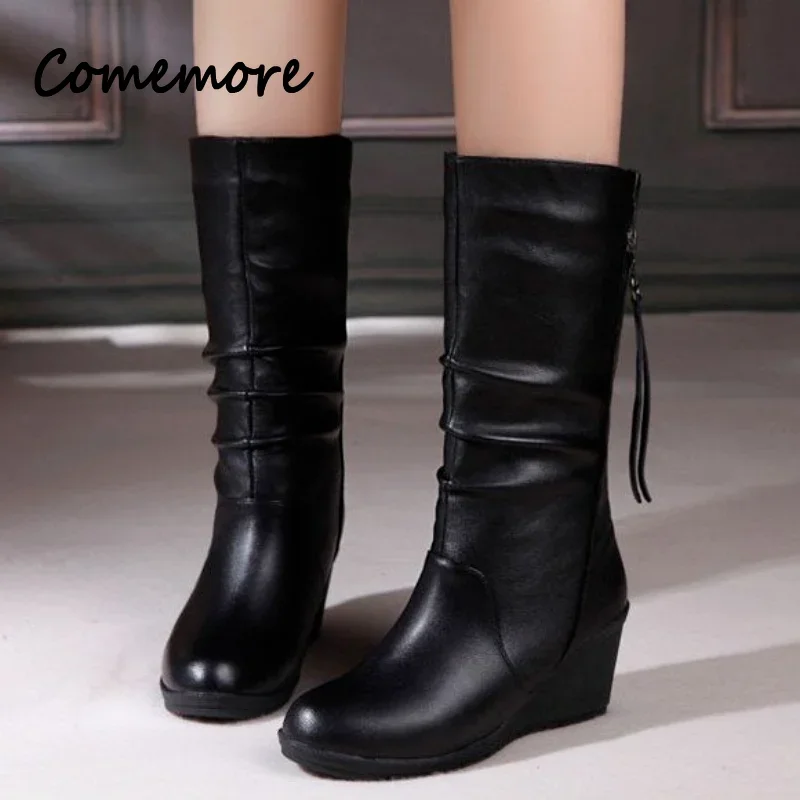 Comemore-Botas de suela gruesa para mujer, botines cortos de tubo medio, zapatos cálidos de cuero, informales, de tacón alto, para primavera y