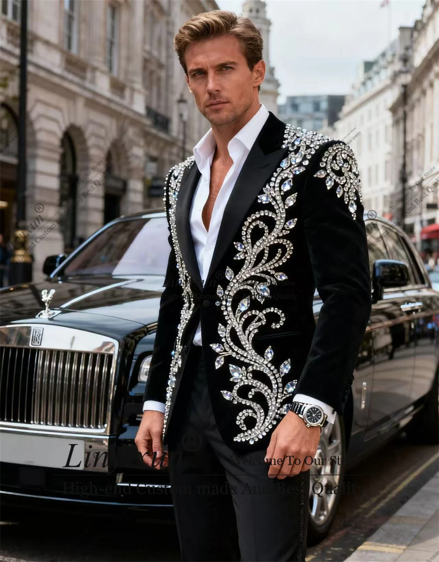 

Elegant Design Men Suit For Wedding 2 Pieces Male Prom Blazer Sparkly Crystals Beaded trajes para hombre Customized Ropa Hombre