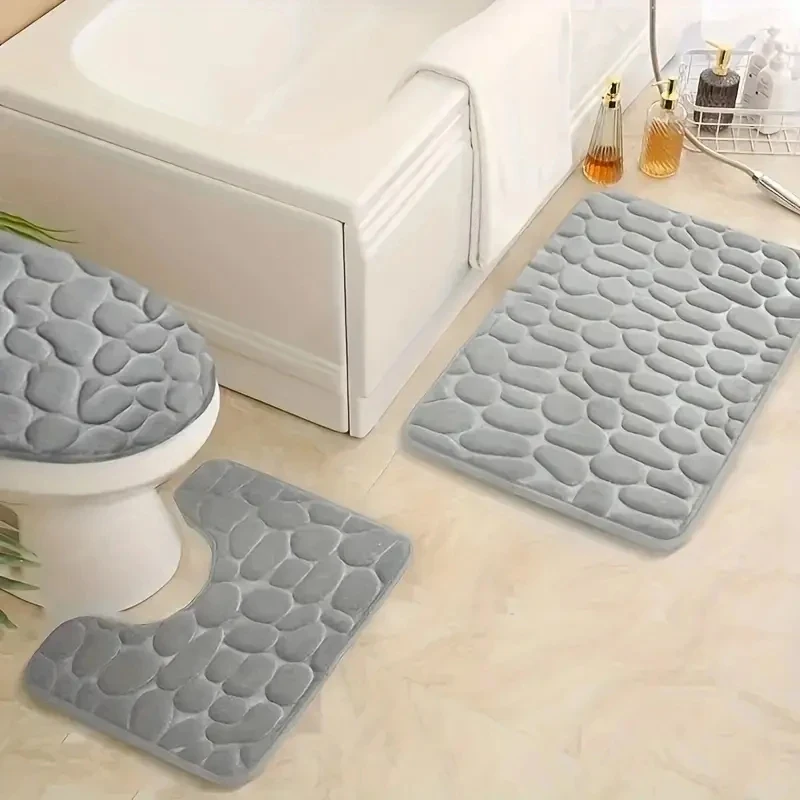 3Pcs/Set Bathroom Cobblestones Embossed Rug,Soft Non-Slip Absorbent Memory Foam Bathroom Floor Mat,Toilet Mat,Bathroom Acces